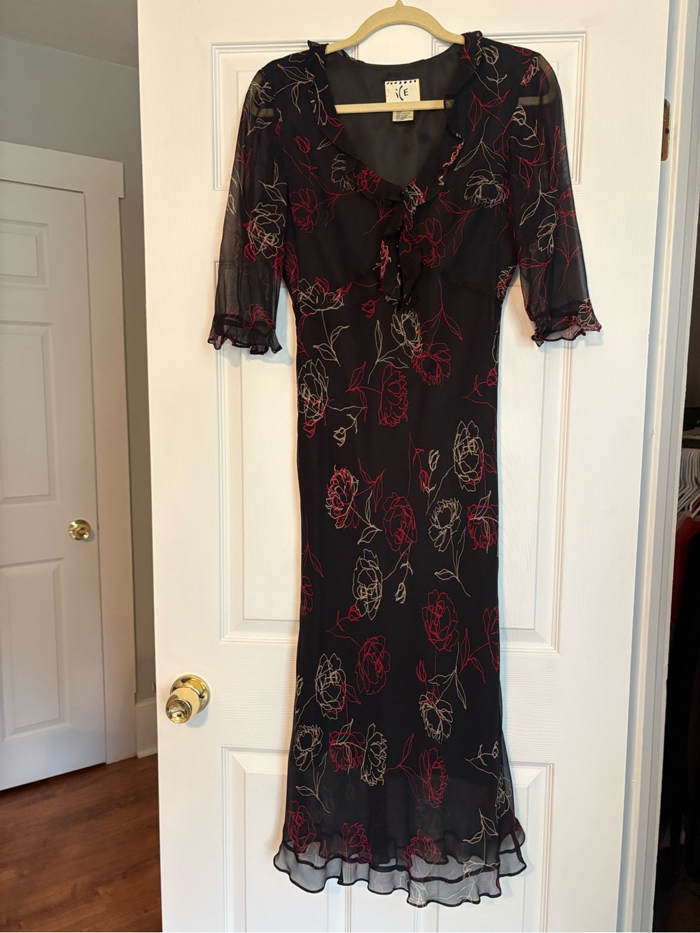 100% SILK iCe Black Floral Midi Dress with Red & Cream Accent Roses